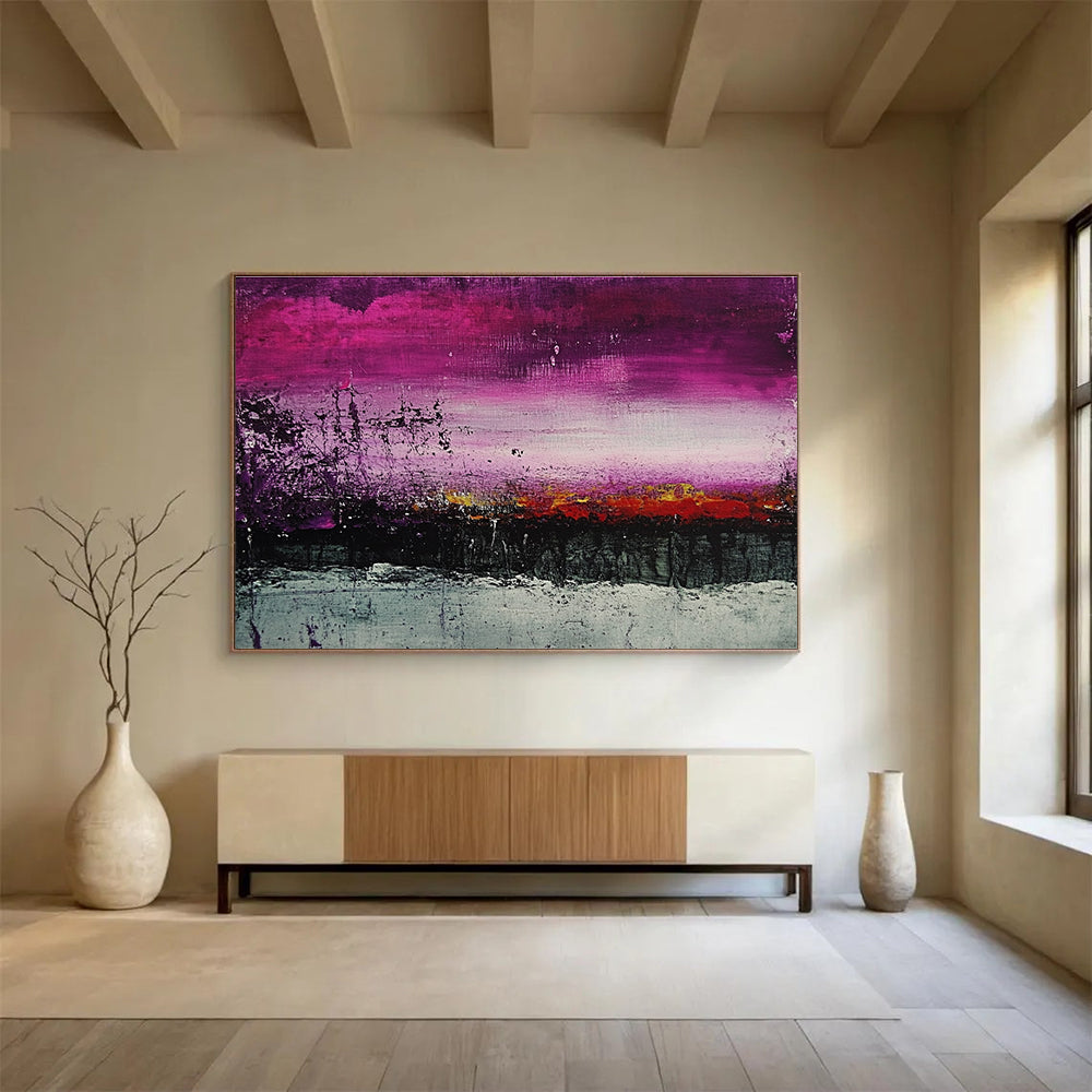 A large abstract painting of a landscape featuring purple and grey shades with textured dark green and red tones for a striking visual impact.SC341