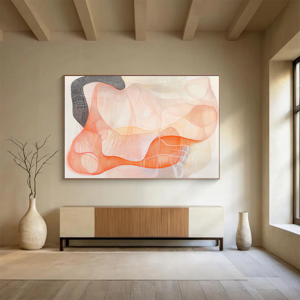 Large abstract artwork featuring delicate orange and pink threads with a black ink outline suggesting women's forms against a white background, evoking calm and elegance.SC304