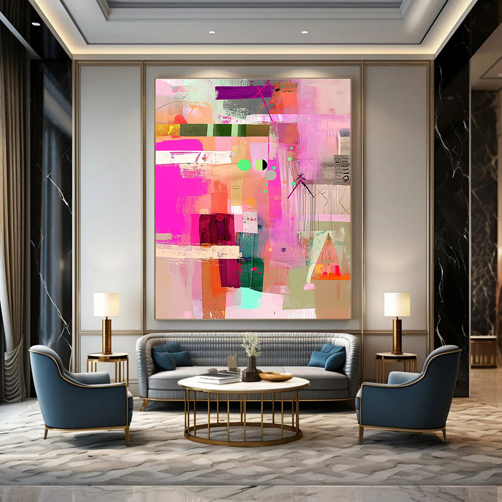 Large abstract painting featuring pink green and beige with playful textures patterns and a whimsical vintage style.STSC786