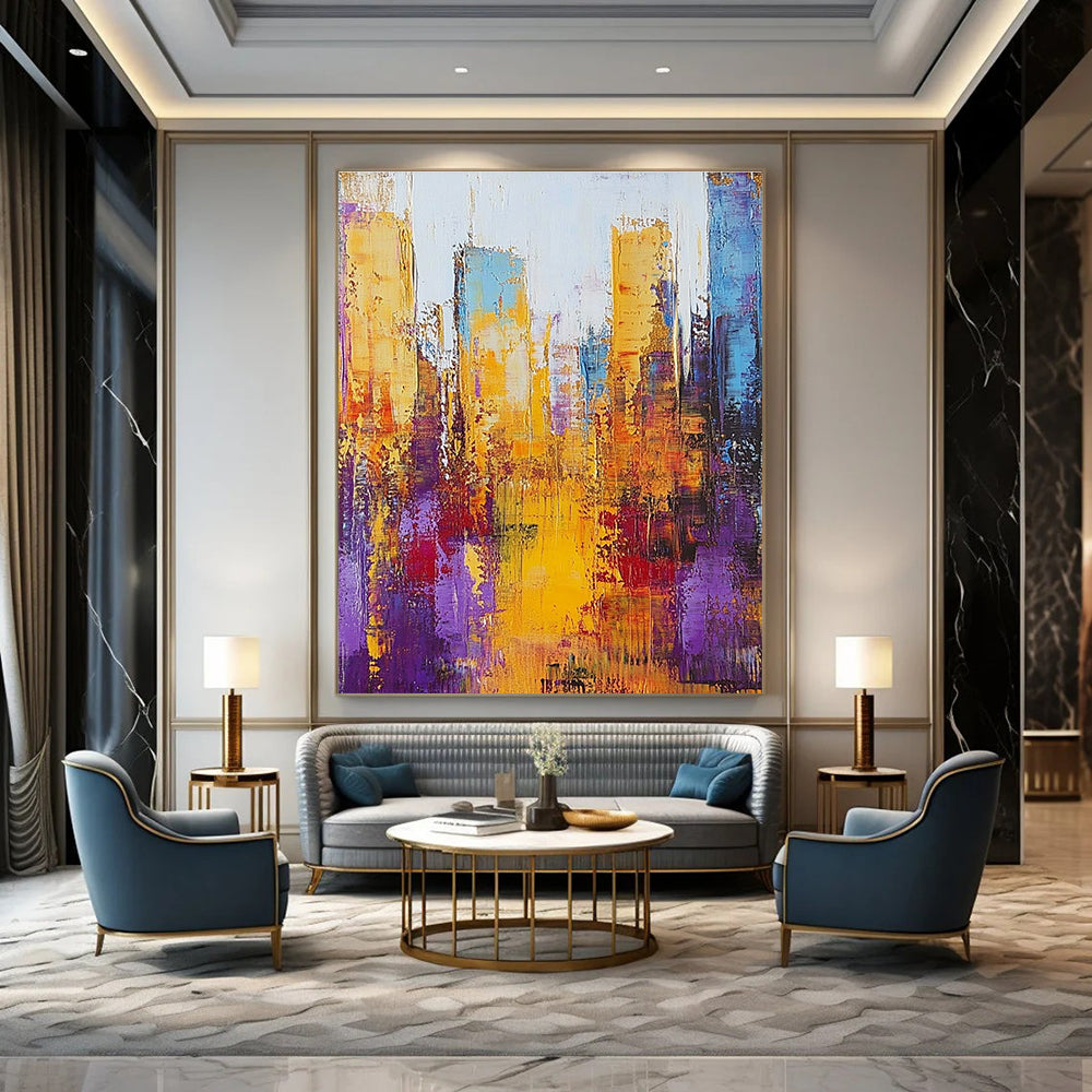 Large abstract painting of a cityscape with thick brush strokes in gold and purple on a textured canvas.STSC161