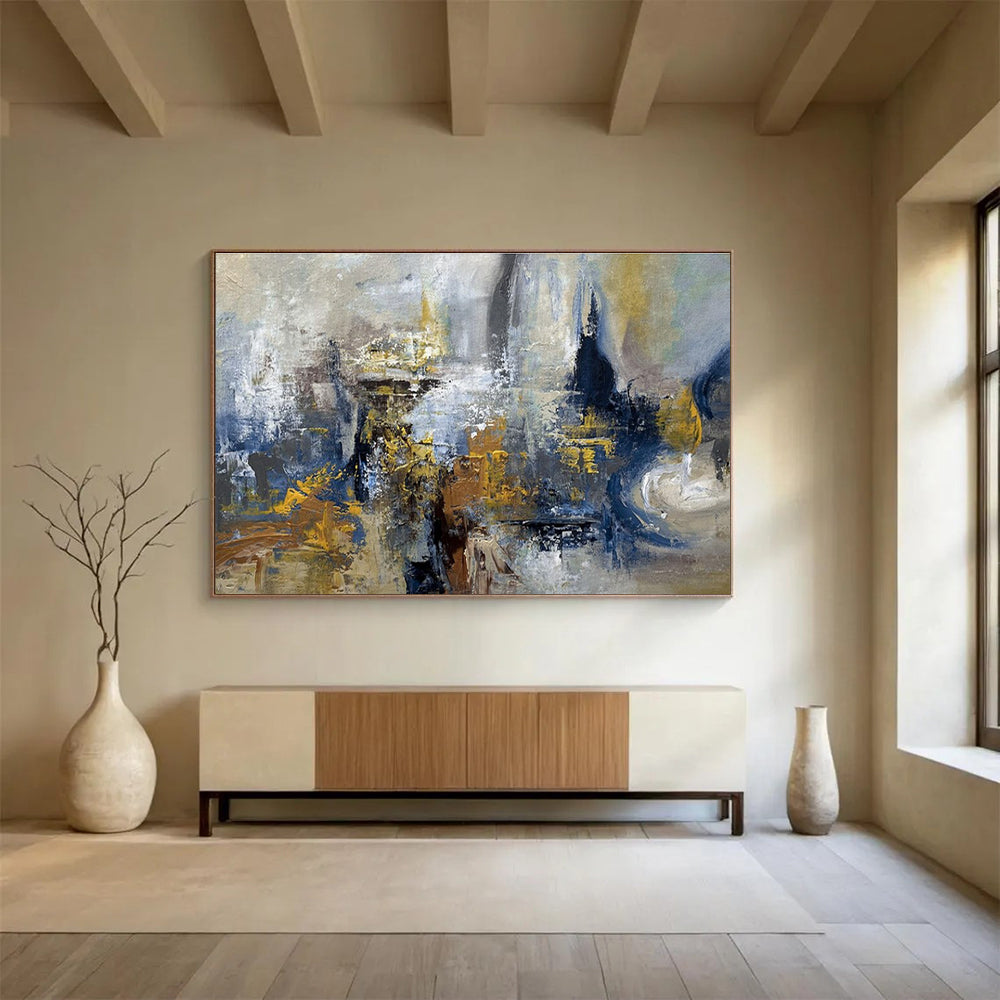 Blue Gray Gold Abstract Painting with Industrial Abstraction THY339