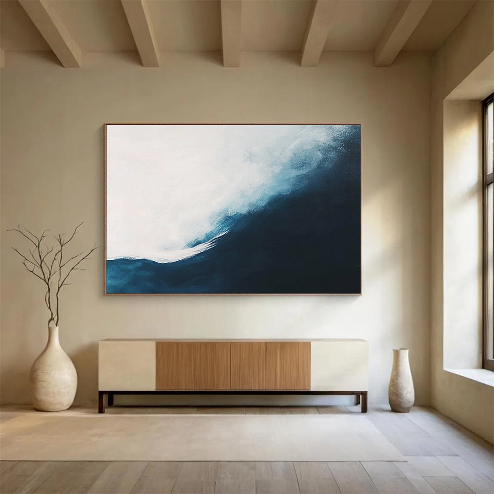 Abstract painting of an ocean wave featuring white and dark blue tones in a minimalist style, perfect for modern decor.SC162