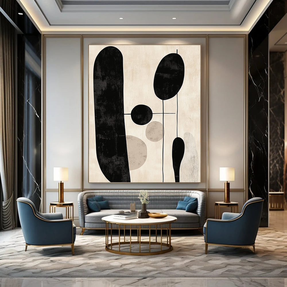 Large abstract artwork features minimalist black and white line art against a beige background with muted colors.STSC1330
