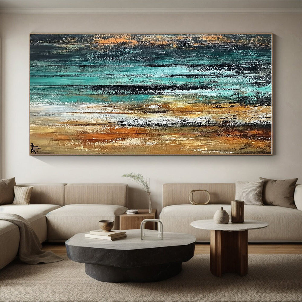 Teal and Brown Abstract Painting with Vertical Strokes GER485