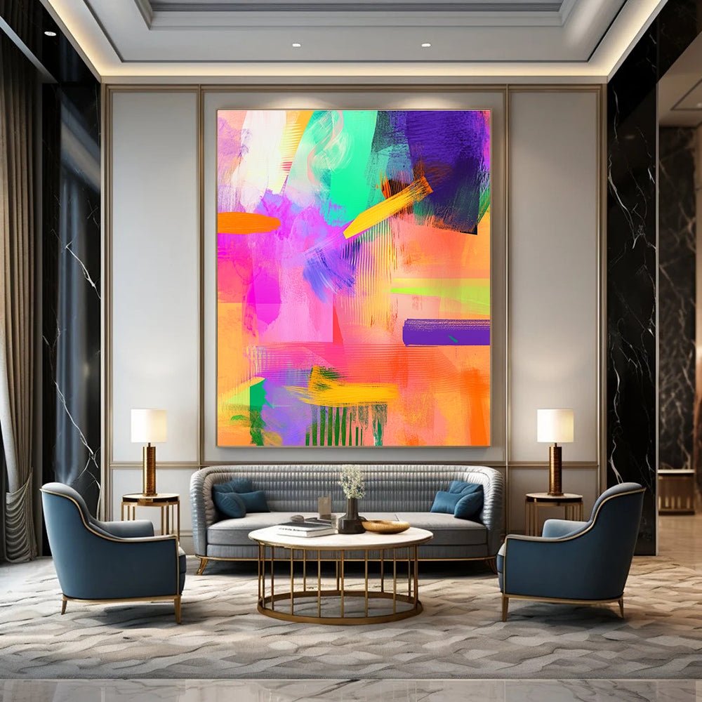 Large abstract painting featuring vibrant brush strokes in neon pink and mint green with details of purple and orange for a modern aesthetic.STSC551