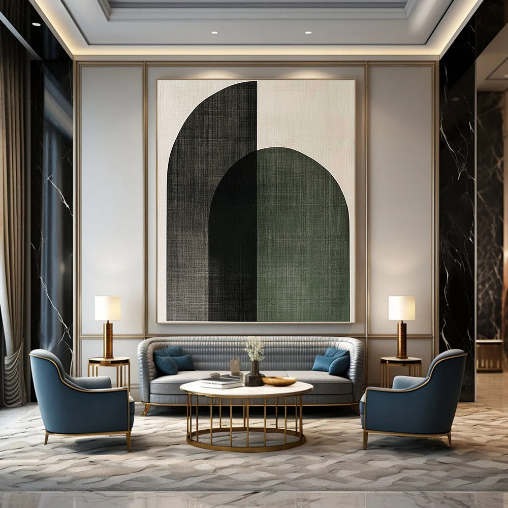 Large Abstract Artwork Featuring Sage Green and Charcoal Gray Arches on Light Beige Canvas Reflecting Scandinavian Minimalism.STSC1074