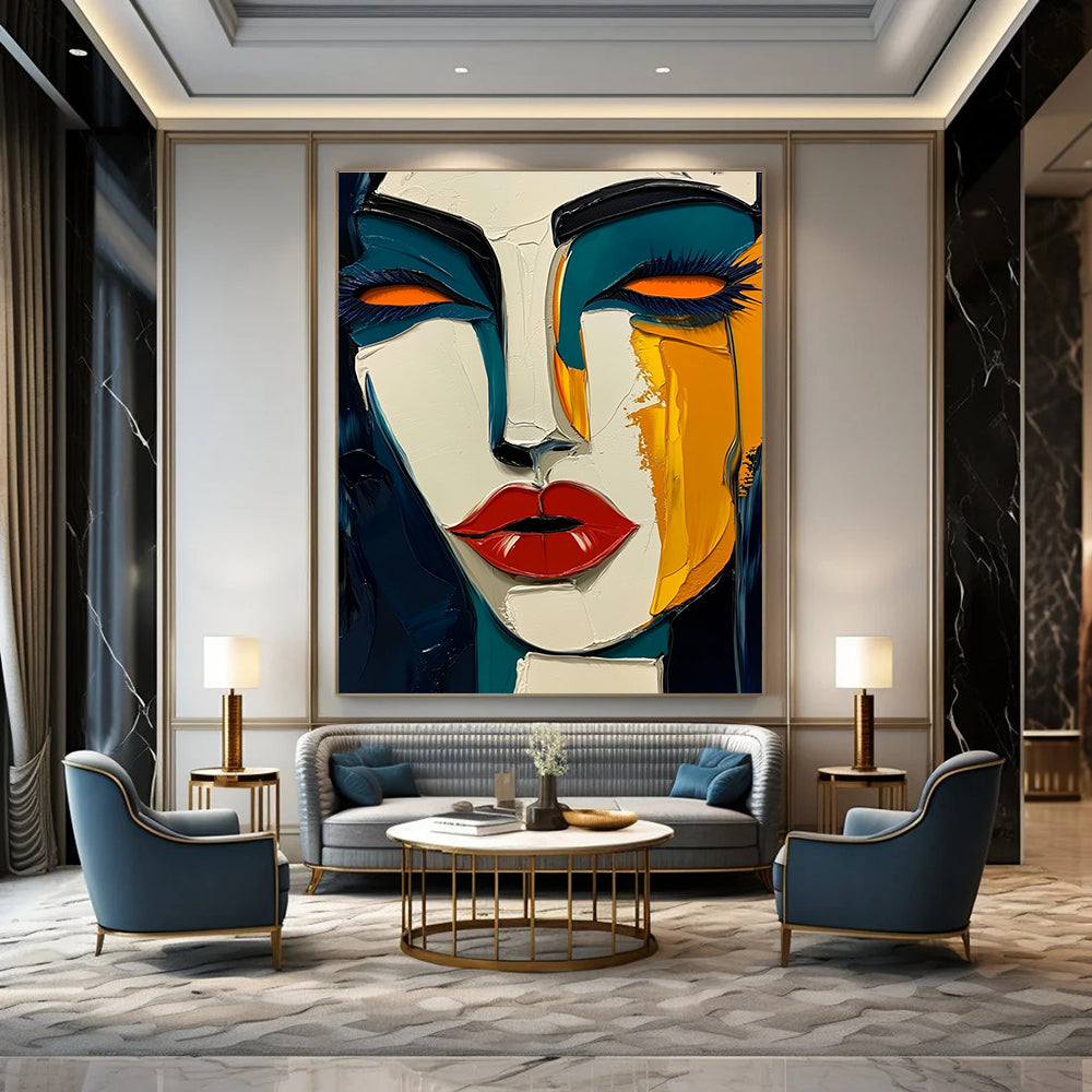 Large abstract painting in Picasso style featuring dark blue and yellow hues with bold red lips and green skin tone on a white background.STSC049