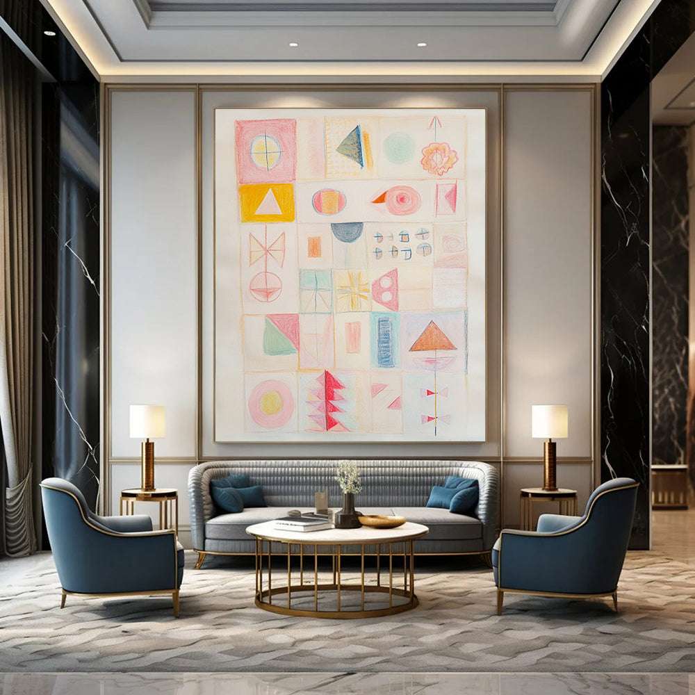 Large abstract painting in soft pastels featuring geometric shapes vibrant pink tones and lively details capturing strong contrasts and emotions on a white background.STSC985