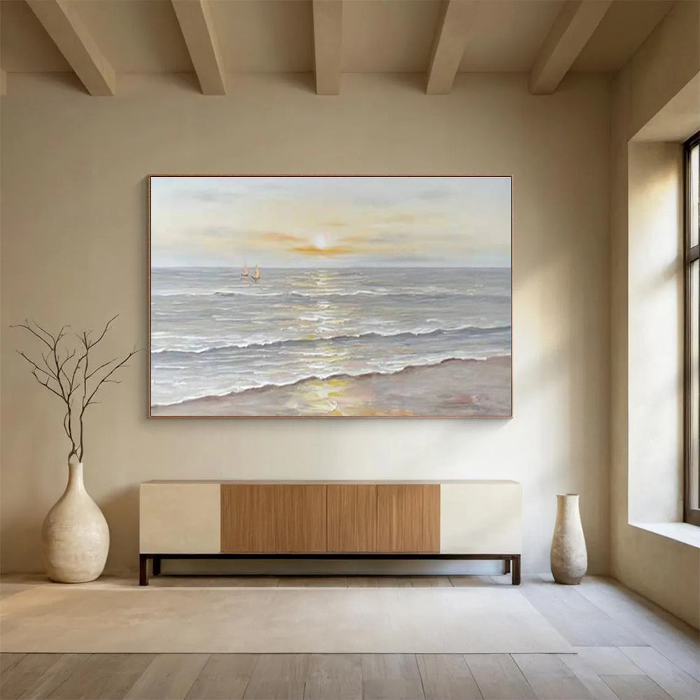 Serene Seaside Sunset Abstract Painting with Soft Warm Hues THY251