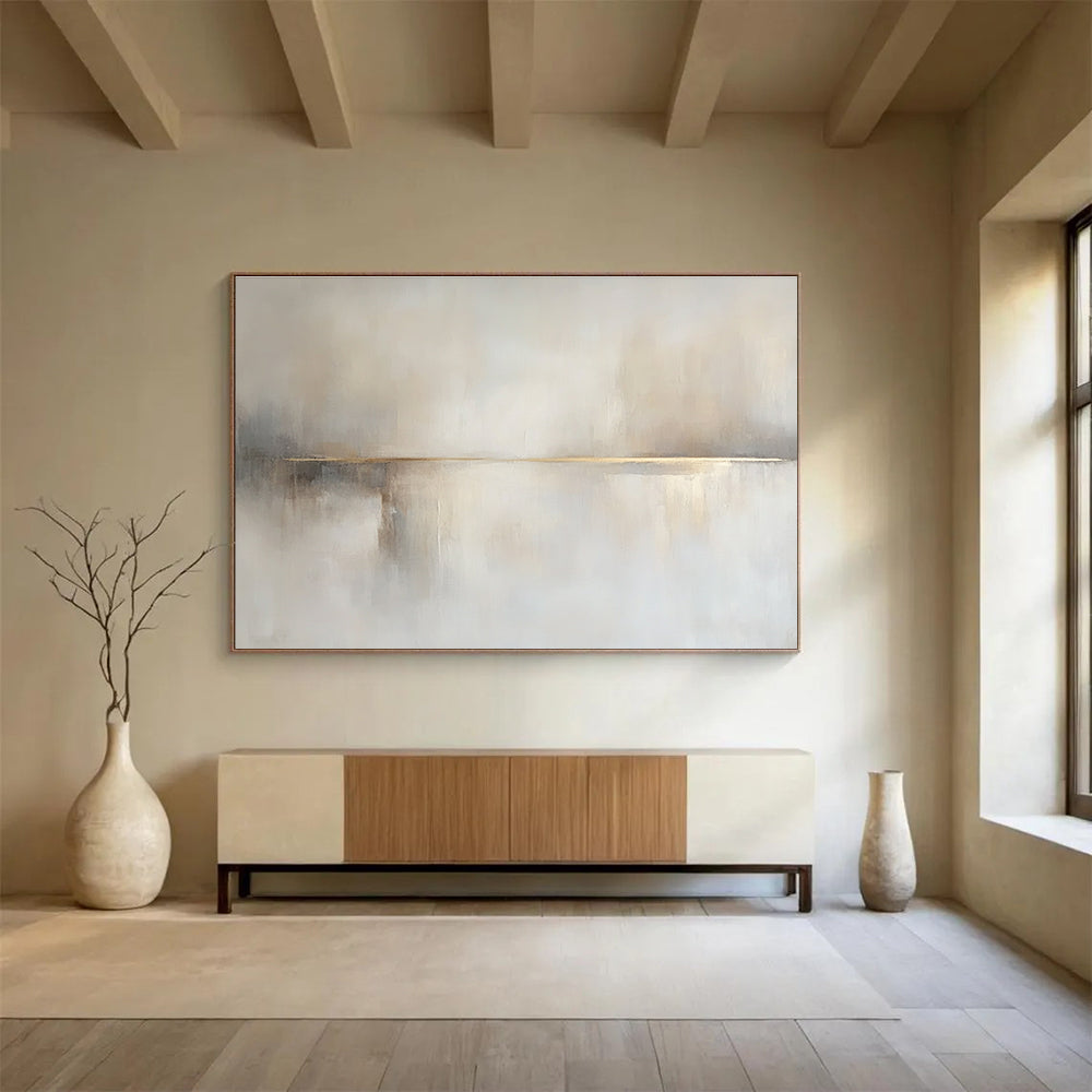 Large abstract painting in beige and white hues featuring soft tones, subtle brushstrokes, and a tranquil sea with a small boat.SC136