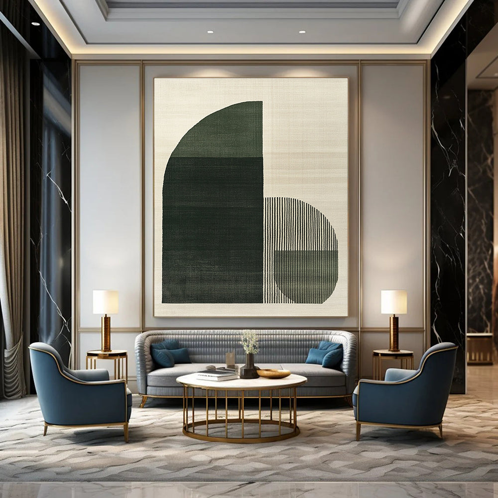 Large abstract painting featuring green and grey arch shapes with three dark gray stripes on a light beige textured background.STSC1081