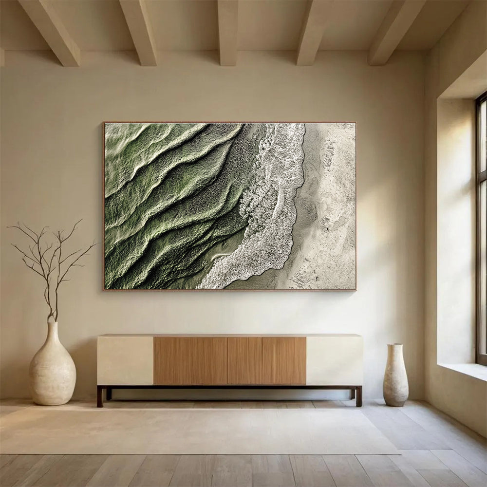 Aerial Beach View Abstract Painting with Green and White Tones DYP574