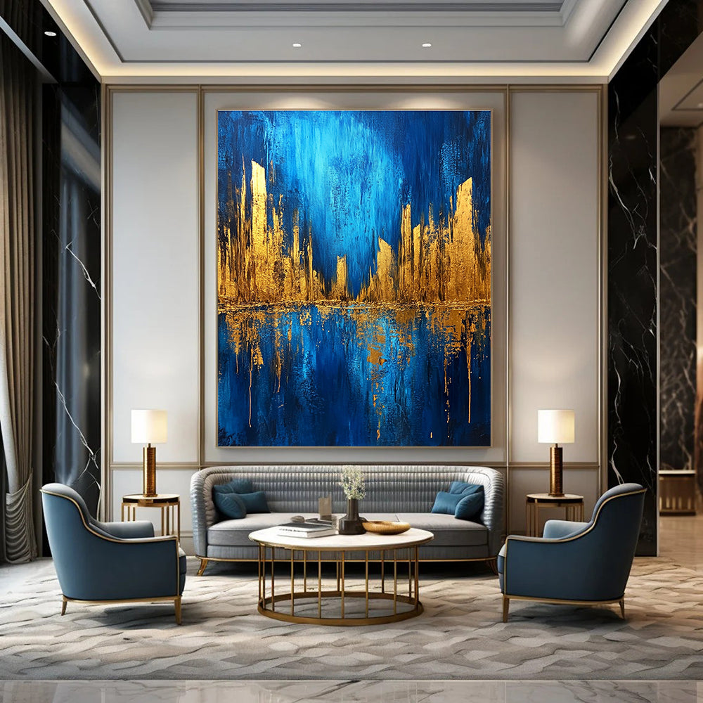 Large abstract painting featuring a metallic gold and blue cityscape on a dark textured background with bold brush strokes.STSC578