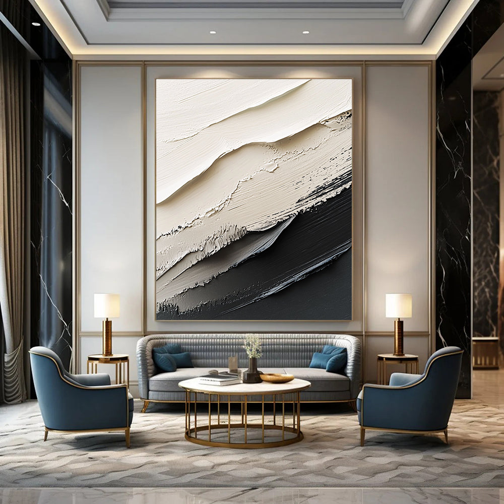 Large abstract painting in black and white featuring dynamic brush strokes and rich textures that create striking contrasts and depth.STSC1470