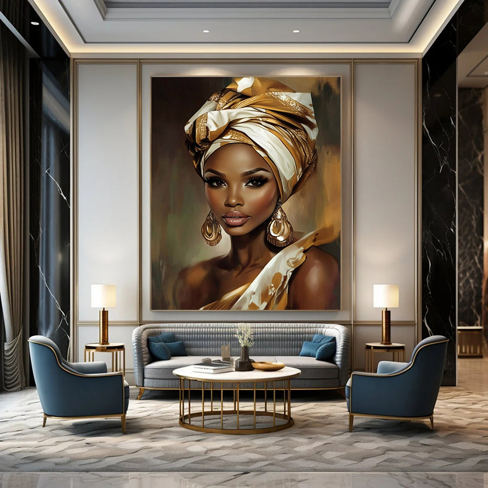 A large abstract painting showcasing a beautiful African woman adorned with a gold and white head wrap and large earrings.STSC892