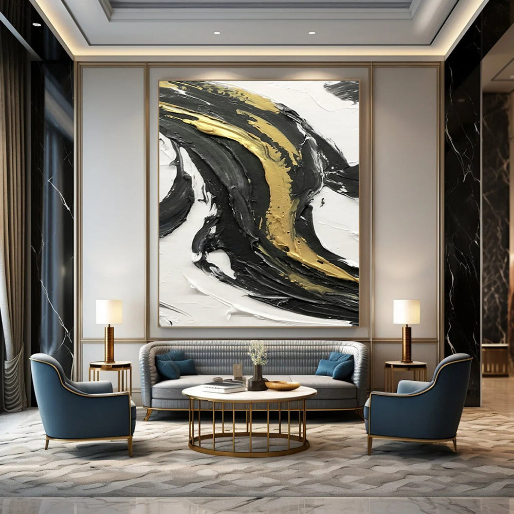 Gold - Enhanced Black and White Swirl Abstract Art with Rich Textures ADGE379