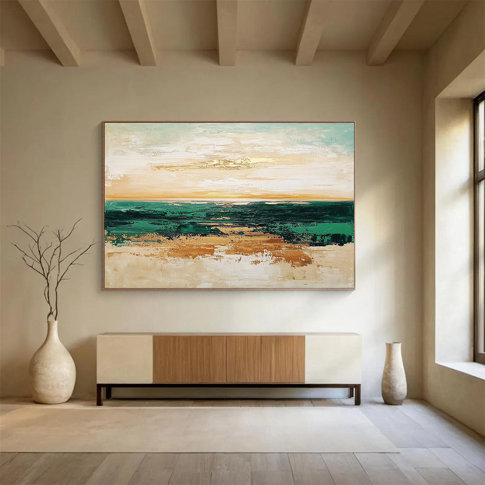 Green Sea Gold Accent Abstract Painting with Layered Horizons DYP265