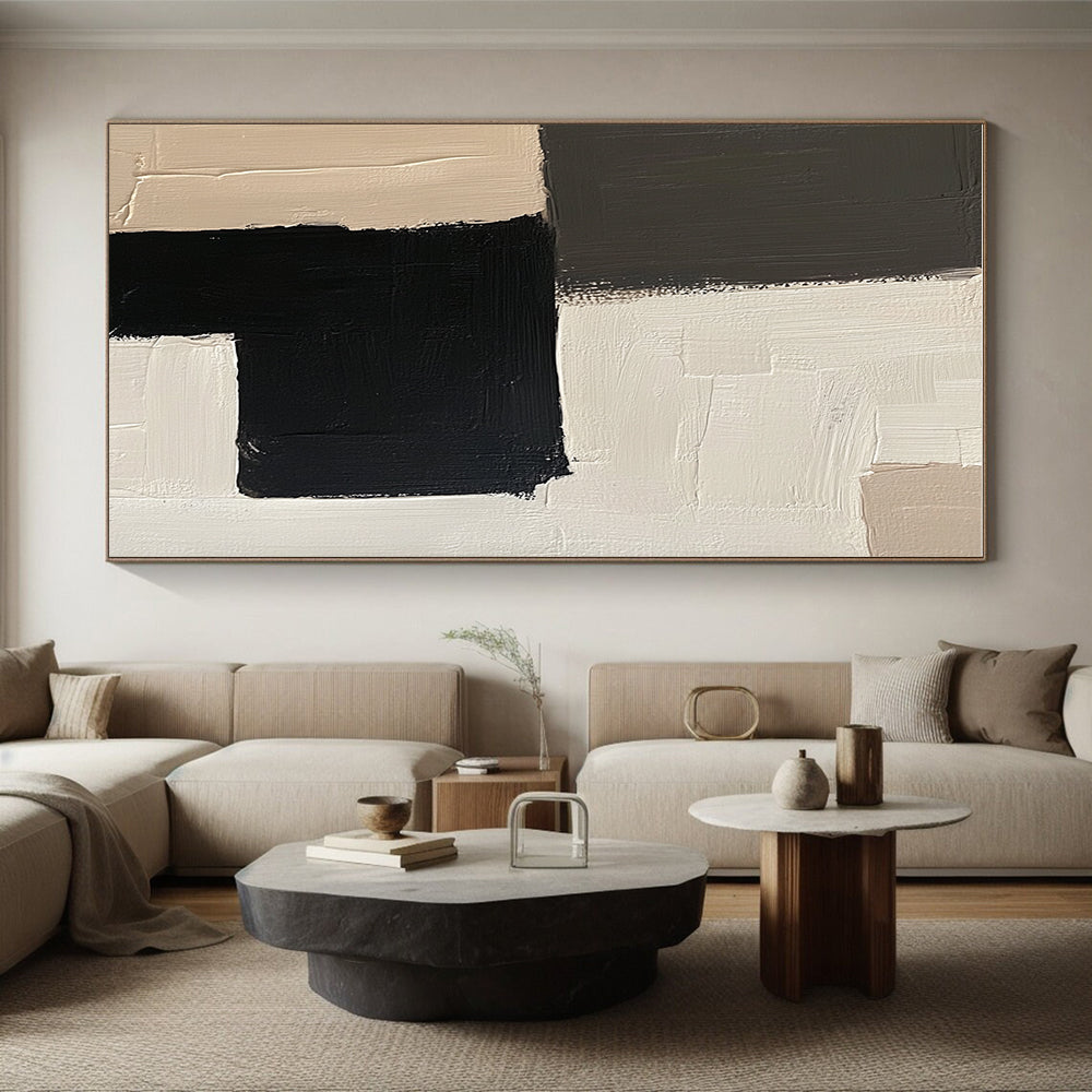 Black White and Beige Abstract Painting with Geometric Forms GER502