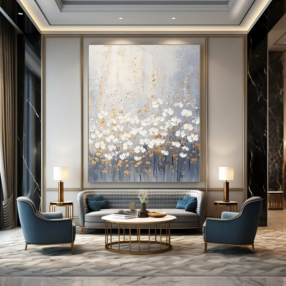 Large abstract painting of light gray and white wildflowers with muted colors and gold accents in a boho style.STSC318