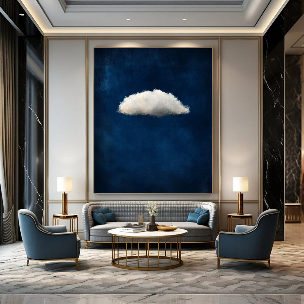 A large abstract painting featuring a small white cloud on a dark blue background evoking ethereal and dreamy atmospheres with soft tones.STSC1403