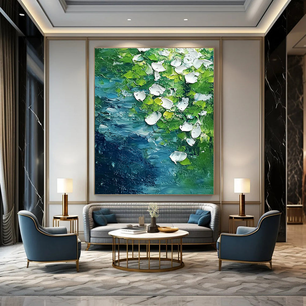 Abstract painting featuring white flowers and flowing water in vibrant green and blue tones capturing the essence of springtime on the riverbank.STSC1477