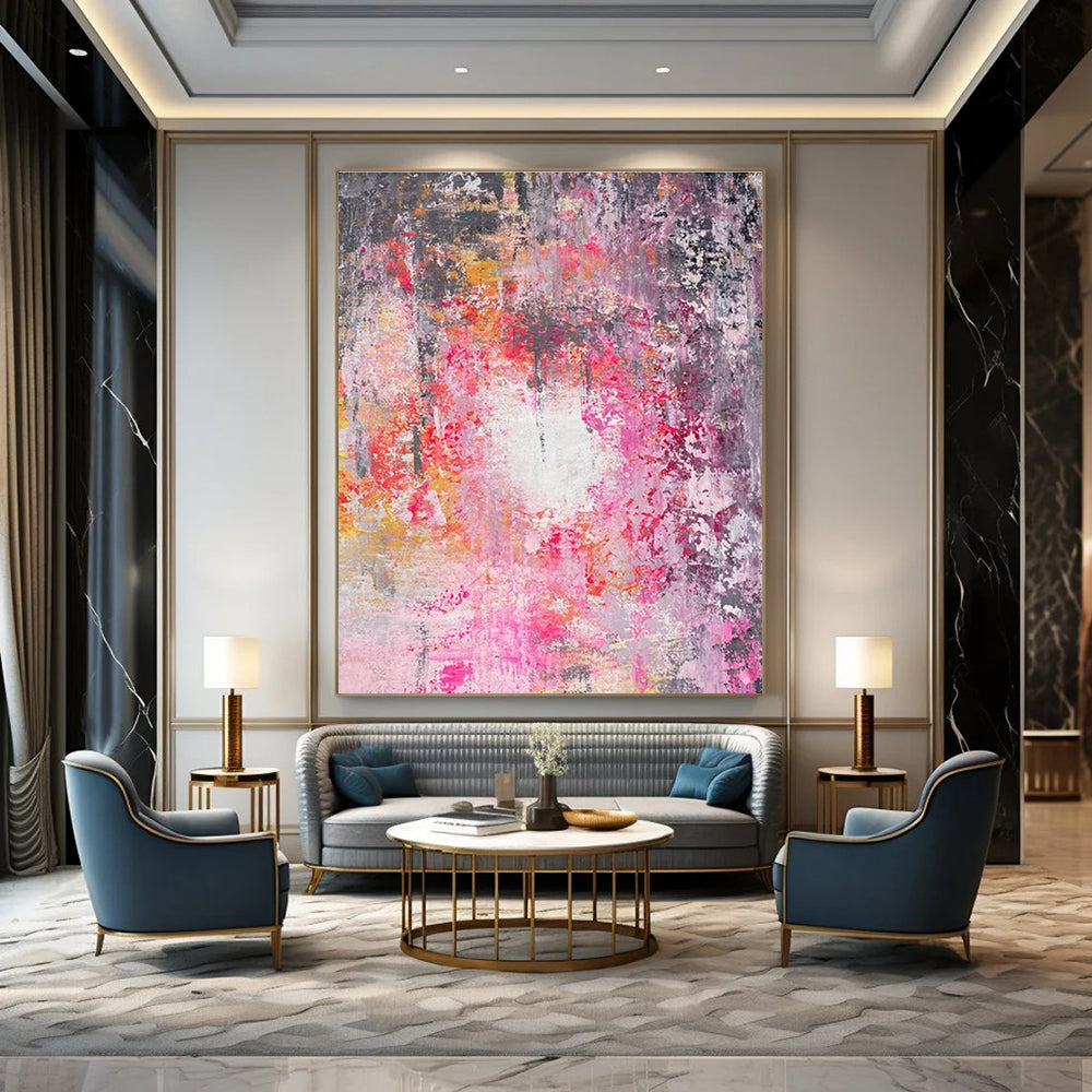 Pink - Gray Abstract Painting with Vibrant Splashes ADGE470