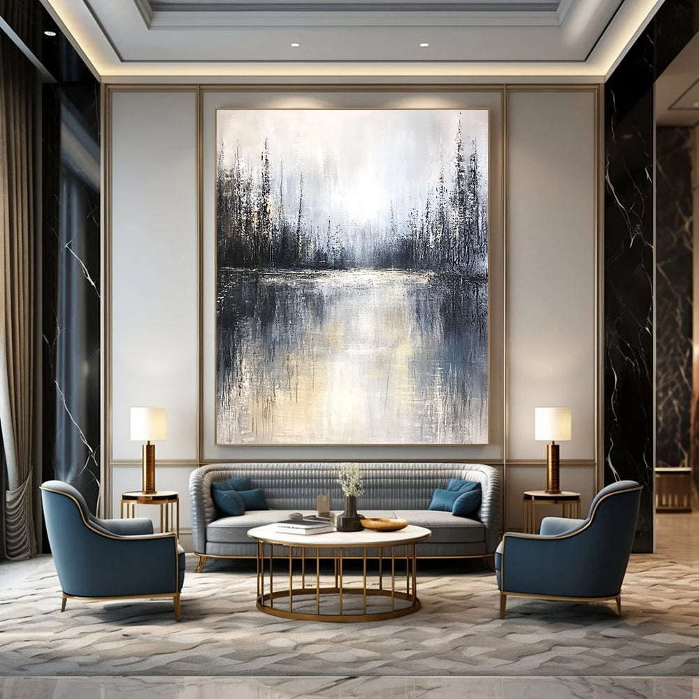 Large abstract painting featuring a misty forest and lake with muted tones soft edges and tranquil atmosphere creating emotional depth.STSC083