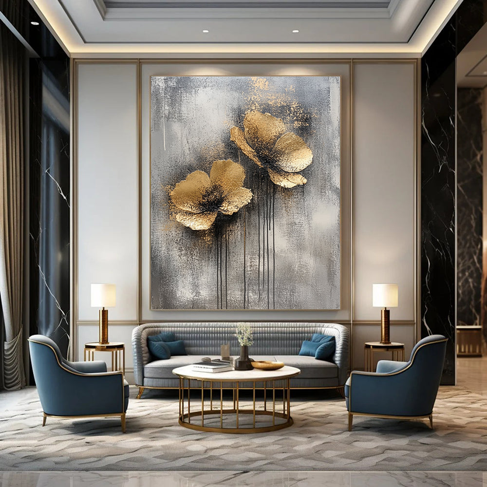 Large abstract painting featuring silver and gold on a grey background creating an atmospheric and captivating visual experience.STSC486