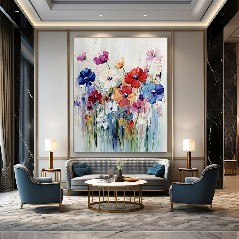 Large abstract painting of vibrant wildflowers in bold acrylic strokes against a soft white background capturing the essence of a colorful meadow.STSC993