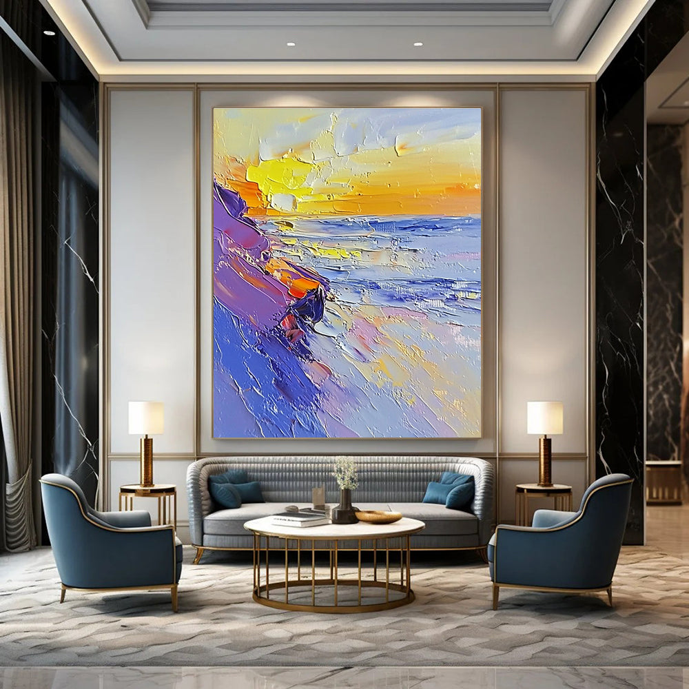 Large abstract painting featuring a sunset on the beach using a palette knife with white and pastel colors in broad strokes.STSC202