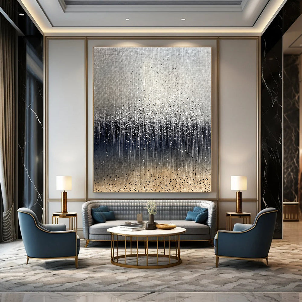 Large abstract painting depicting raindrops on brown soil with a cool gray background and splashing water droplets in dark blue and white tones.STSC1399