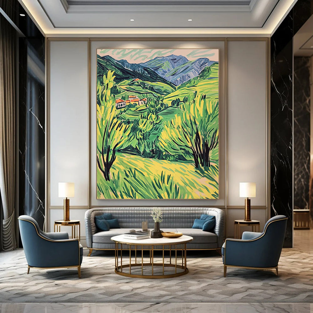 A large abstract painting capturing a vibrant spring Alps landscape in doodle style with simple lines and lively green and yellow hues.STSC1017