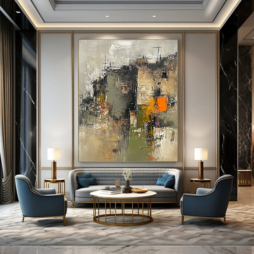 Large abstract painting of an old town with neutral grays greens beige orange and pink accents featuring loose brush strokes and a wabi-sabi aesthetic.STSC659