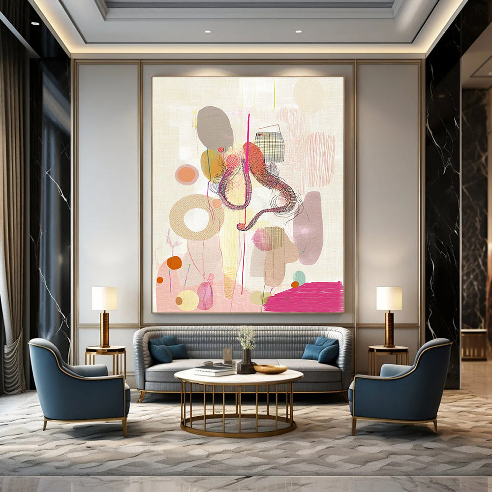 Abstract painting featuring shapes and organic forms with a whimsical octopus figure climbing a geometric form amidst bubbles and pink stripes.STSC841