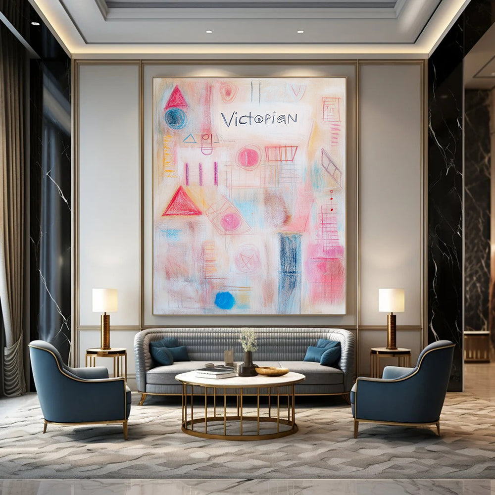 Large abstract artwork featuring soft pastel colors geometric shapes and delicate white text reading Victorian in a harmonious collage.STSC1204