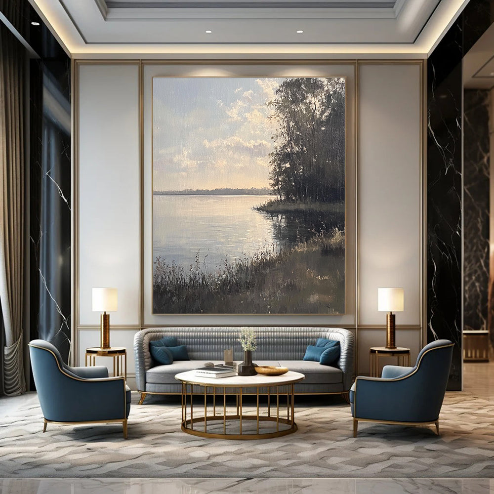 Large abstract painting depicting serene Chautauqua Lake with muted colors soft sunlight and detailed brushstrokes creating a tranquil atmosphere.STSC1173