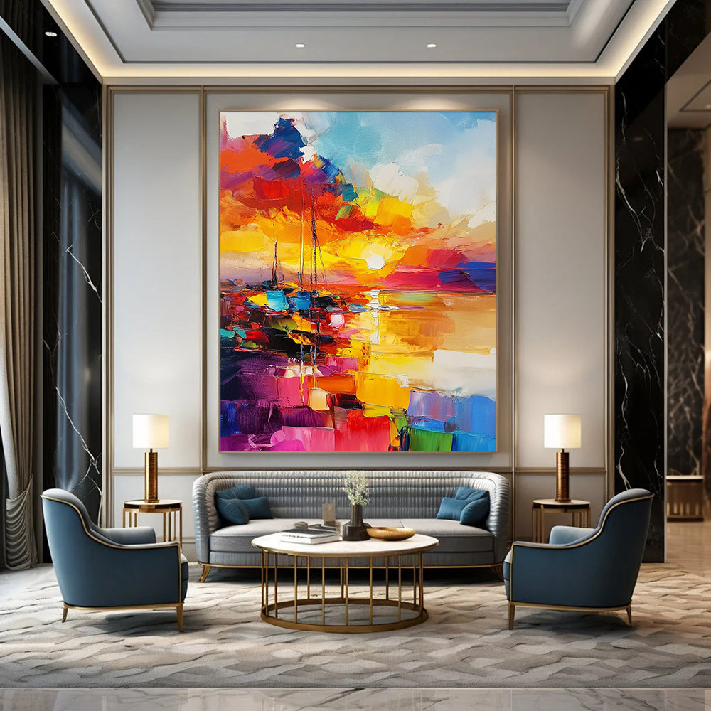 Large abstract painting featuring a vibrant sunset over the sea with rich colors and fluid brush strokes.STSC1422