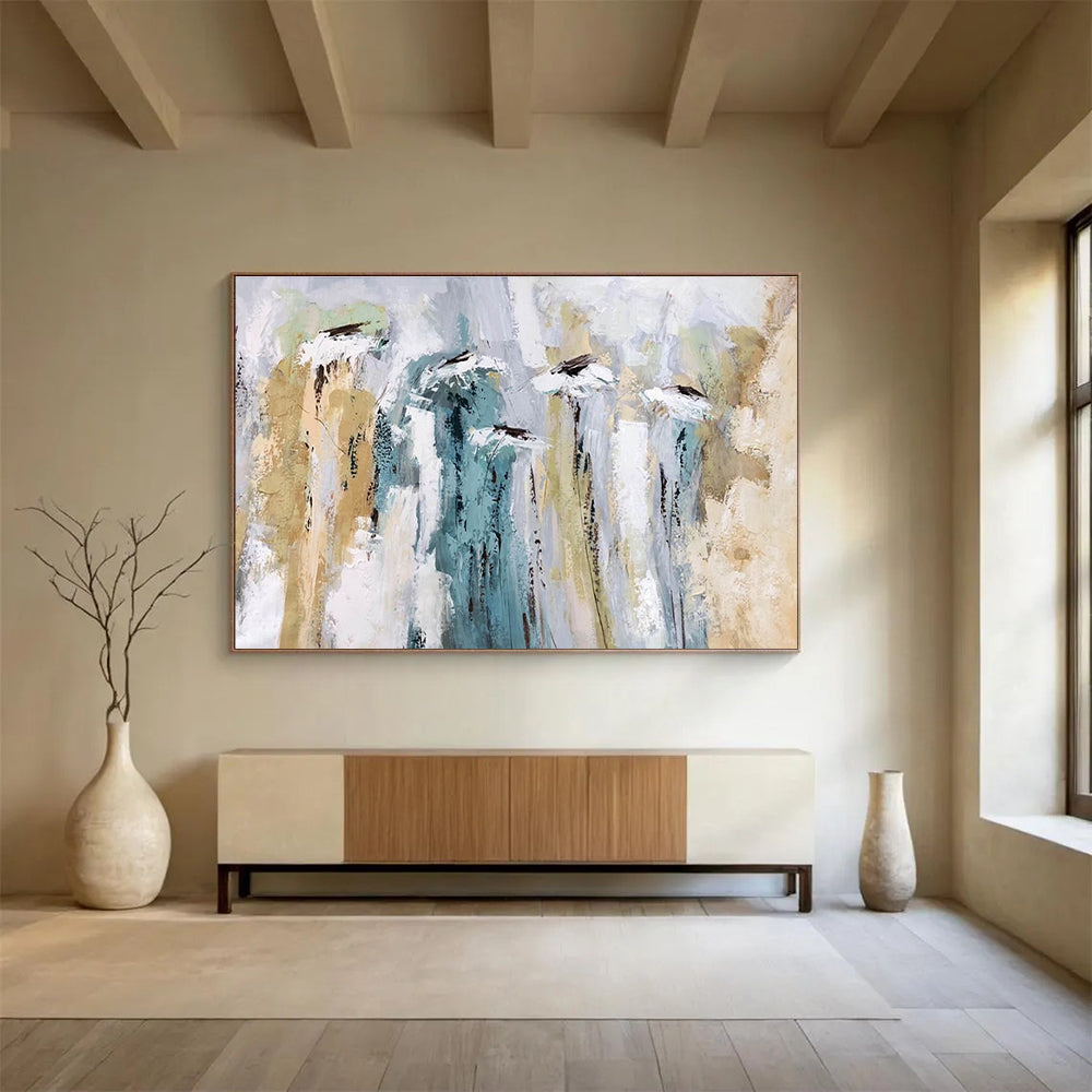Floral Abstract Painting with Soft Green and Beige Tones THY155