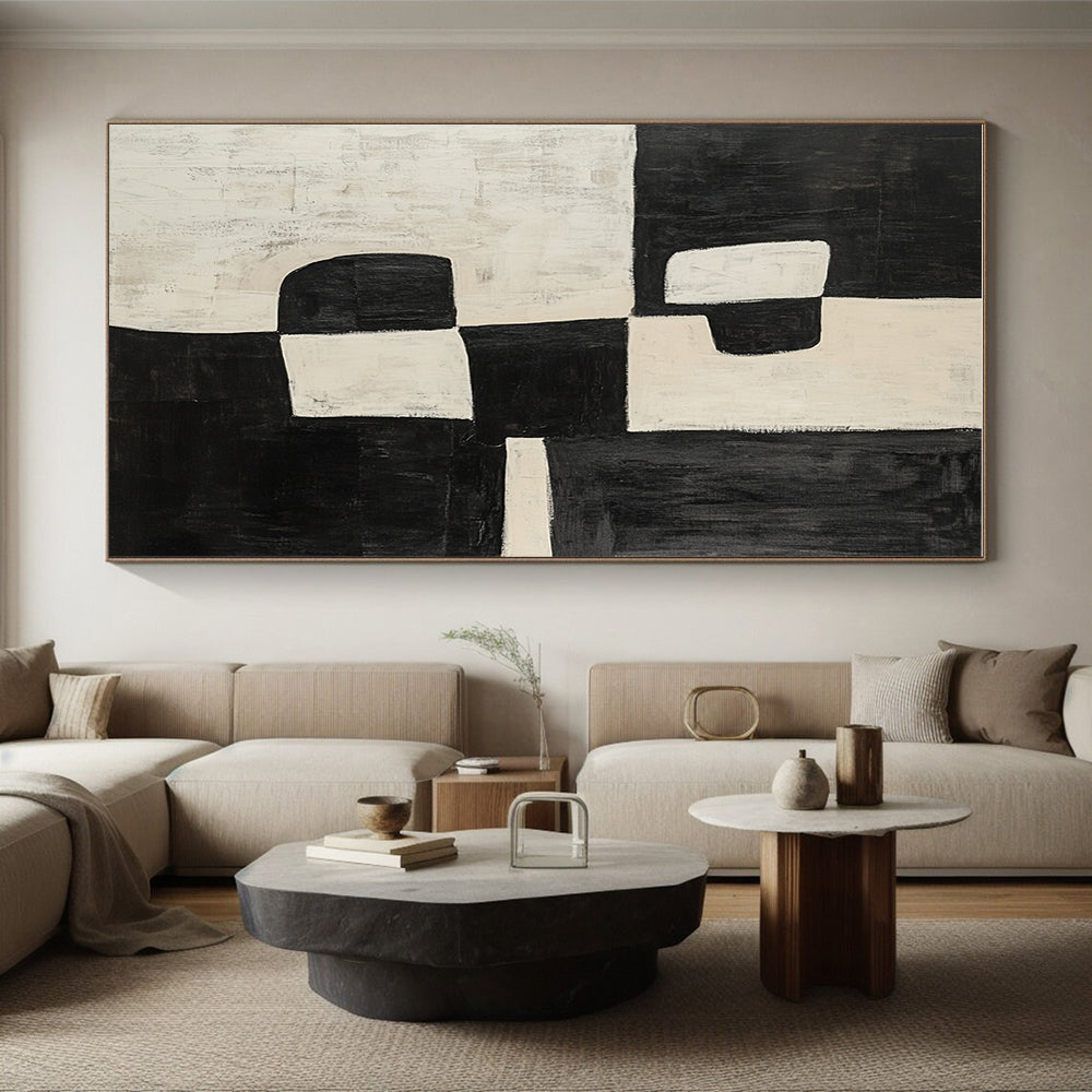 Black and White Abstract Painting with Textured Blocks GER669