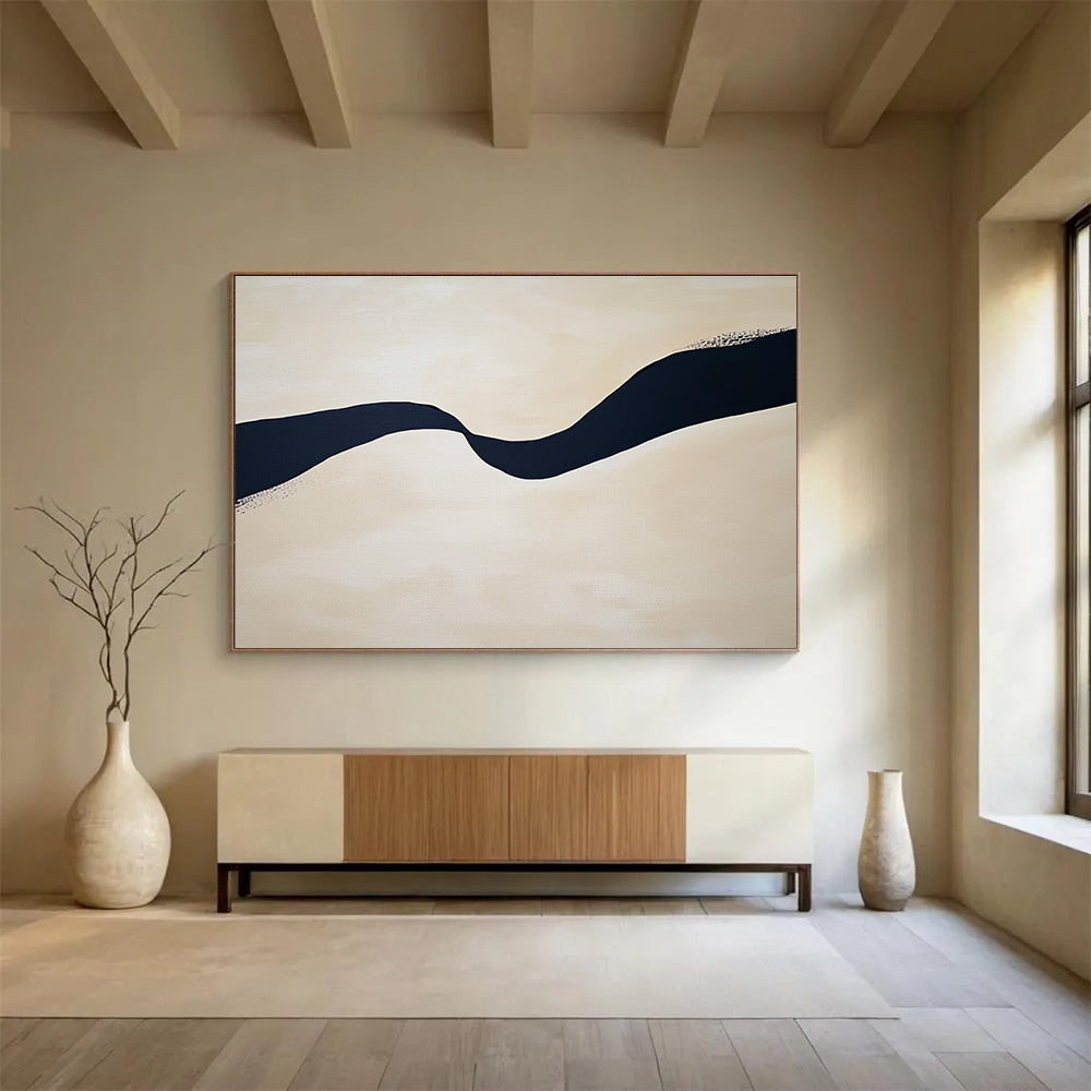 Wavy Black Line on Beige Abstract Painting with Subtle Details DYP585