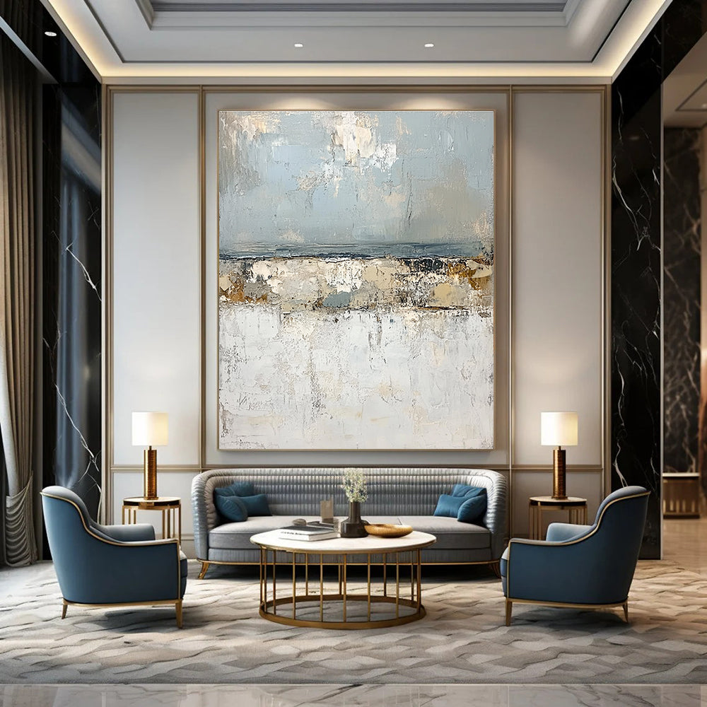 Large abstract painting of the open sea featuring impasto textures light blue and gray tones with serene landforms in white creating a tranquil atmosphere.STSC270