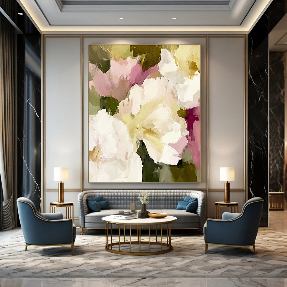 Large abstract painting featuring soft pinks whites and cream colors with loose brushstrokes of white peonies cream roses and sage green foliage.STSC055