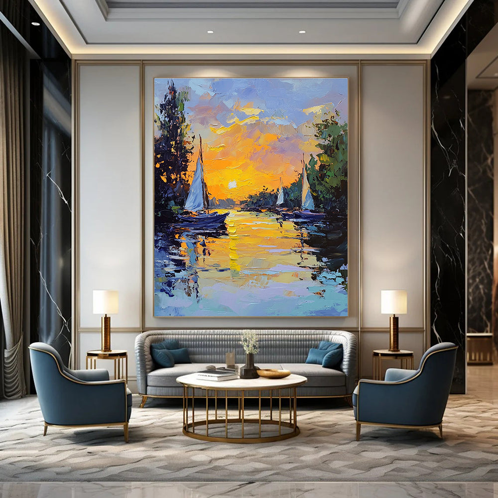 Large abstract painting featuring sailing boats at sunset with vibrant yellow and blue tones and thick brush strokes creating an impressionistic scene.STSC1419