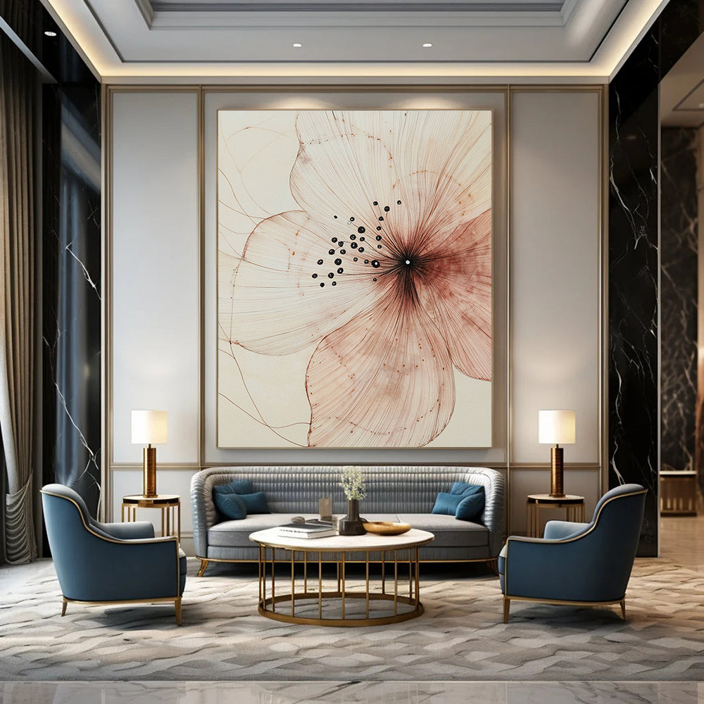 A large abstract painting showcasing delicate petals intricate patterns and subtle textures in light pink and dark brown against a beige background.STSC948