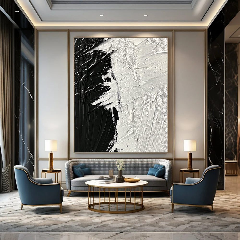 Large abstract painting featuring thick textured brushstrokes in striking black and white tones that evoke profound emotion and creativity.STSC1282