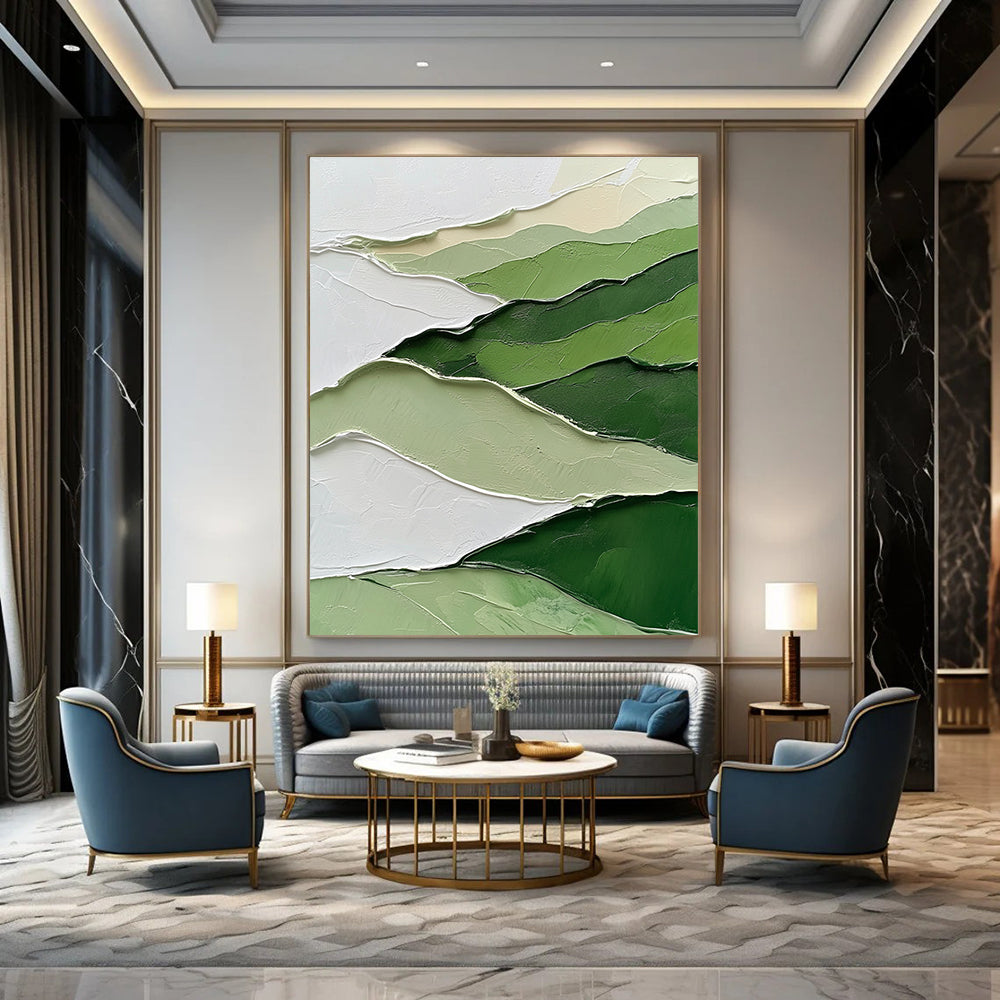 Large abstract painting featuring a green and white mountainous landscape with thick impasto strokes for a textured artistic impact.STSC1005