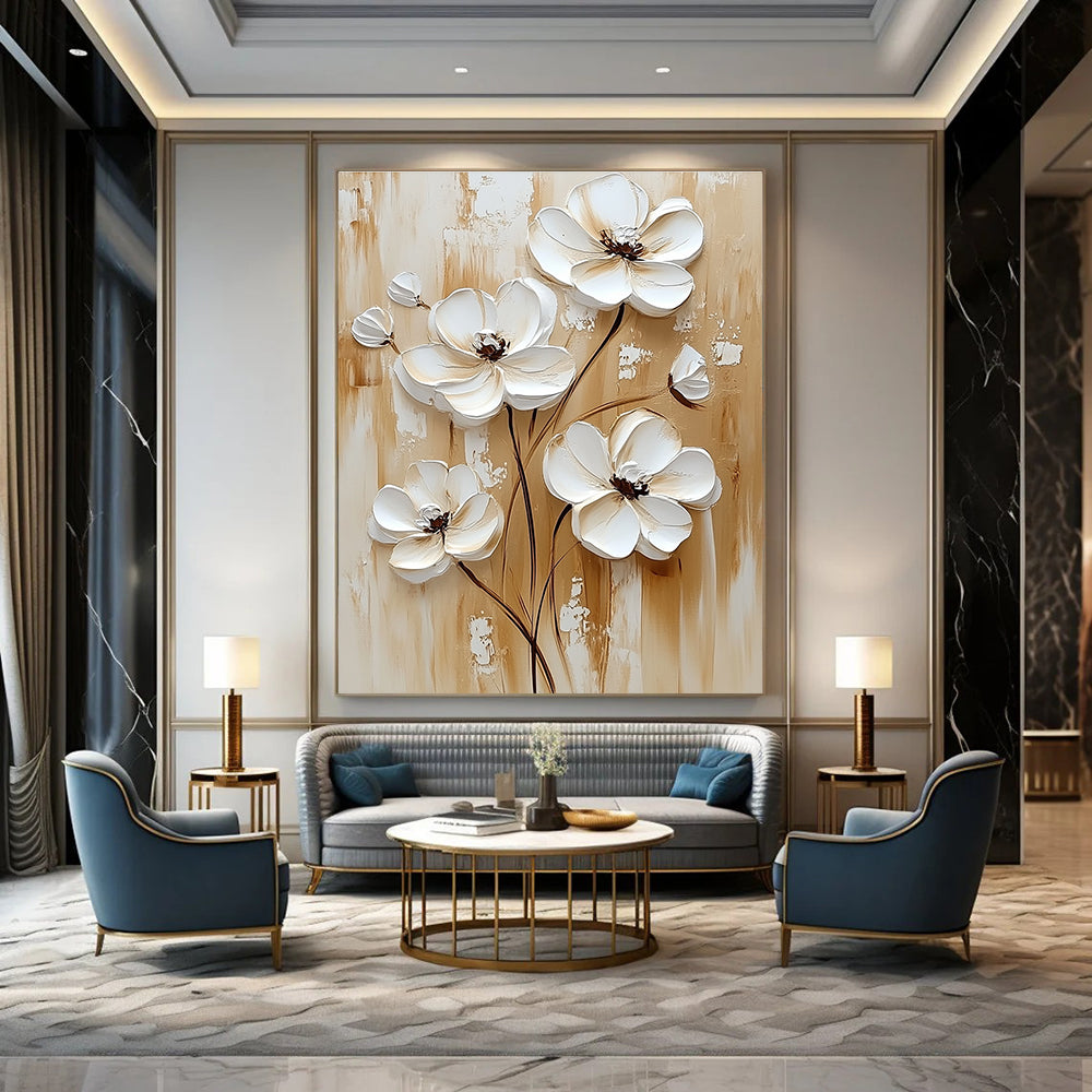 Abstract painting featuring white flowers on a beige background in a white cream and brown palette ideal for modern decor.STSC1479