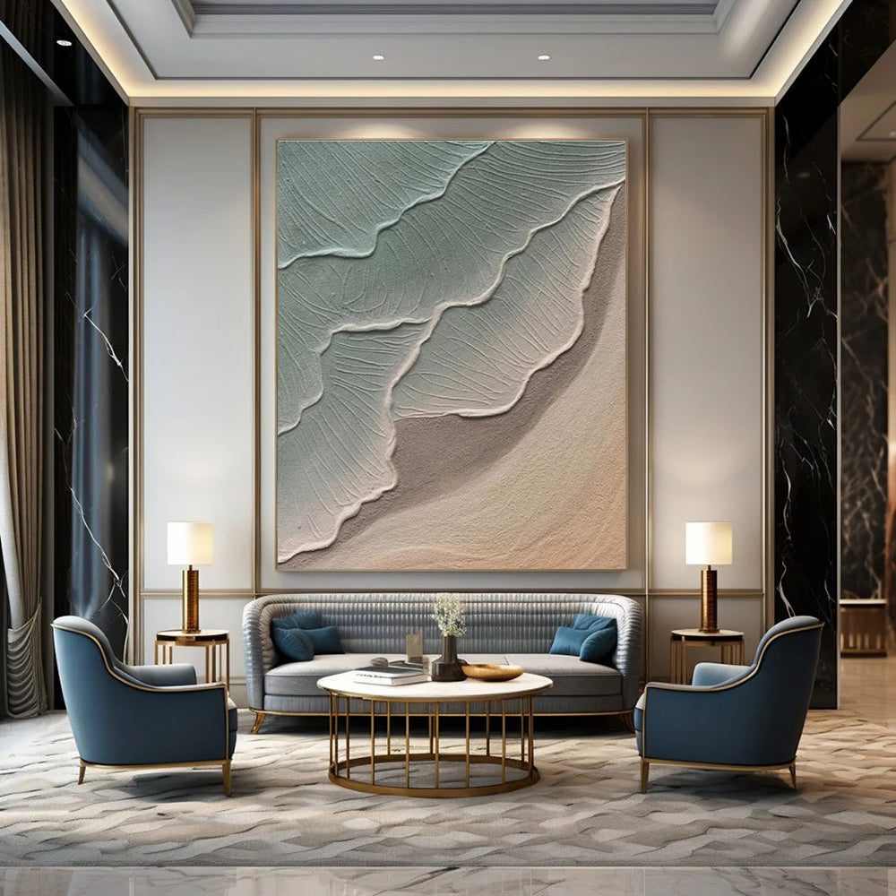 Green and Beige Textured Abstract Painting with Wave - like Forms ADGE519