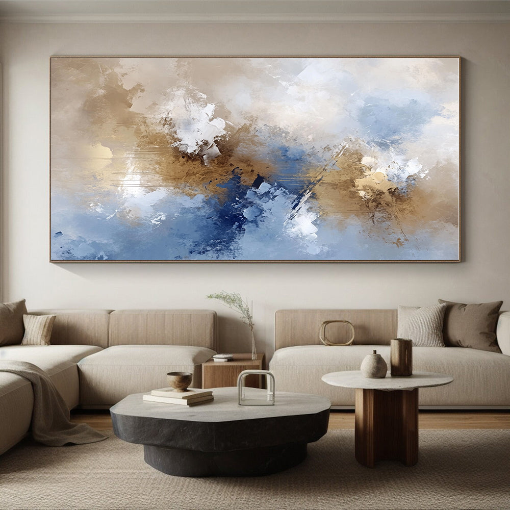 Blue Beige and Gold Abstract Painting with Flowing Textures GER662