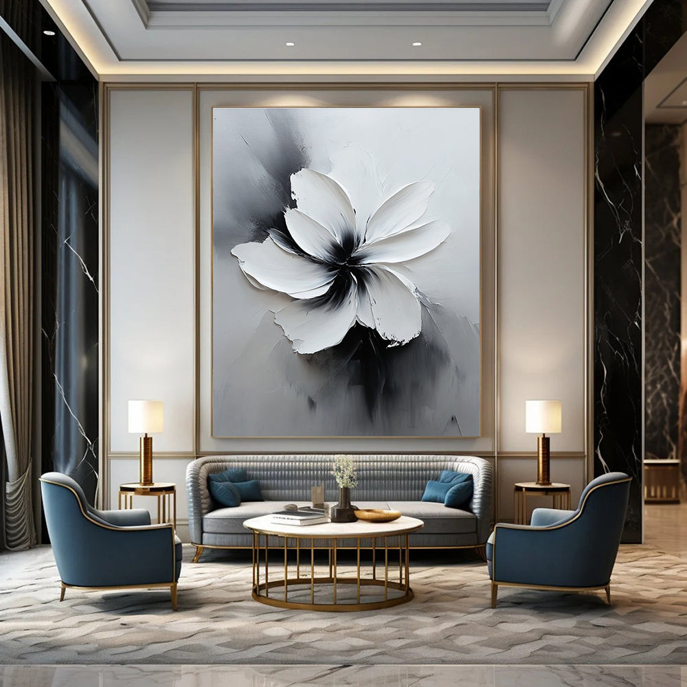 Large abstract white flower painting in black and gray with soft lighting and delicate textures creates an elegant minimalist art piece.STSC516